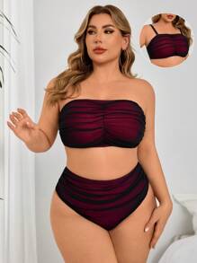 大码女式褶饰休闲夏季海滩度假泳装比基尼套装 - 黑色 - 查看 1