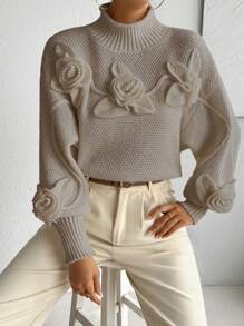 Chiquease Floral Print Solid Color Stand Collar Elegant Long Sleeve Sweater - Bronze - View 3