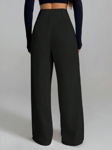 RosyDaze 女士优雅法式直筒黑色休闲办公裤 - 黑色 - 查看 2