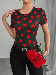 Chiquease Women's Round Neck Short Sleeve Heart Print Tie Back Shirt, Minimalist Style