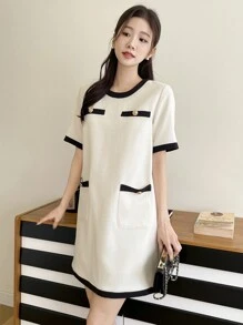 DAZY Color Block Round Neck Women's Casual Short Sleeve Mini Dress Sundress - Beige - View 6