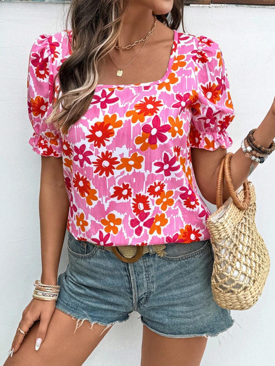 Breezaya 女士花卉印花休闲方领泡泡袖衬衫 - 粉色 - 查看 1