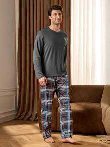 Shein Underwear&Sleepwear Basics Conjunto de 2 piezas de ropa de descanso para hombre, top de manga larga y pantalones