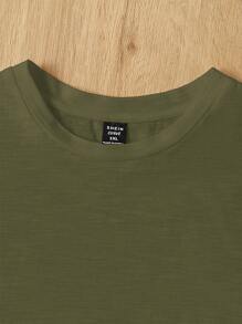 SHEIN EZwear 大码女式棉质拼布 A 字形圆领休闲 T 恤连衣裙 - 軍綠色 - 查看 3