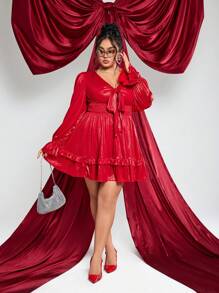 SHEIN ICON Vestido entallado en la cintura con volantes, lacería frontal y moño, tono rojo, adecuado para San Valentín, primavera/verano, cita, detalle del moño, tallas grandes