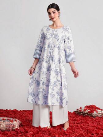 Divindia Women Plant Print Top And Pants Kurta Set