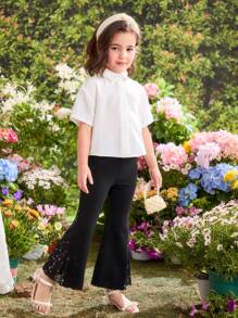 Chemise plissée ajustée décontractée de couleur unie tissée pour jeune fille