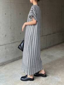 FRIFUL Dames gestreepte losse V-hals vleermuismouwen korte mouwen casual midi-jurk zomerjurk