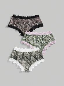 ROMWE Grunge Punk Set de 3 bragas de bikini con estampado de rama y corteza de árbol, estilo punk Y2K con adorno de encaje