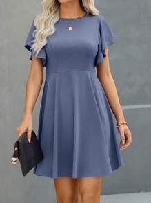 SHEIN Clasi Women's Solid Color Round Neck Casual Ruffle Short Sleeve Mini Dress - Dusty Blue - View 5