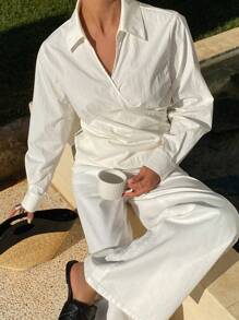 DAZY 女士纯色交叉裹身长袖衬衫，简约时尚休闲日常穿着 - 白色 - 查看 1