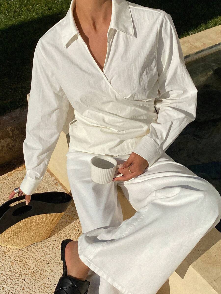 DAZY 女士纯色交叉裹身长袖衬衫，简约时尚休闲日常穿着 - 白色 - 查看 1