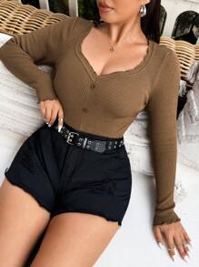 Flirla Femme grande taille Chandail moulant à manches longues avec design de boutons de couleur unie