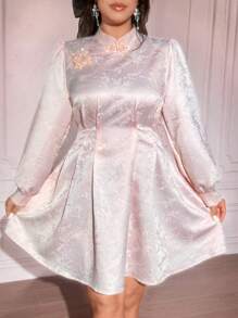 SHEIN Unity Robe élégante de fête de grande taille, col montant en jacquard de couleur unie avec boutons - Rose bonbon - Voir 3