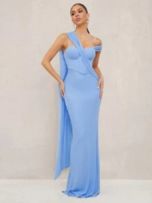 Lumalex 春季情人节甜美美丽情人节装圣瓦伦丁情人节复活节婚礼订婚成人礼女士网眼单肩喇叭形美人鱼下摆紧身连衣裙 - 淺藍色 - 查看 7