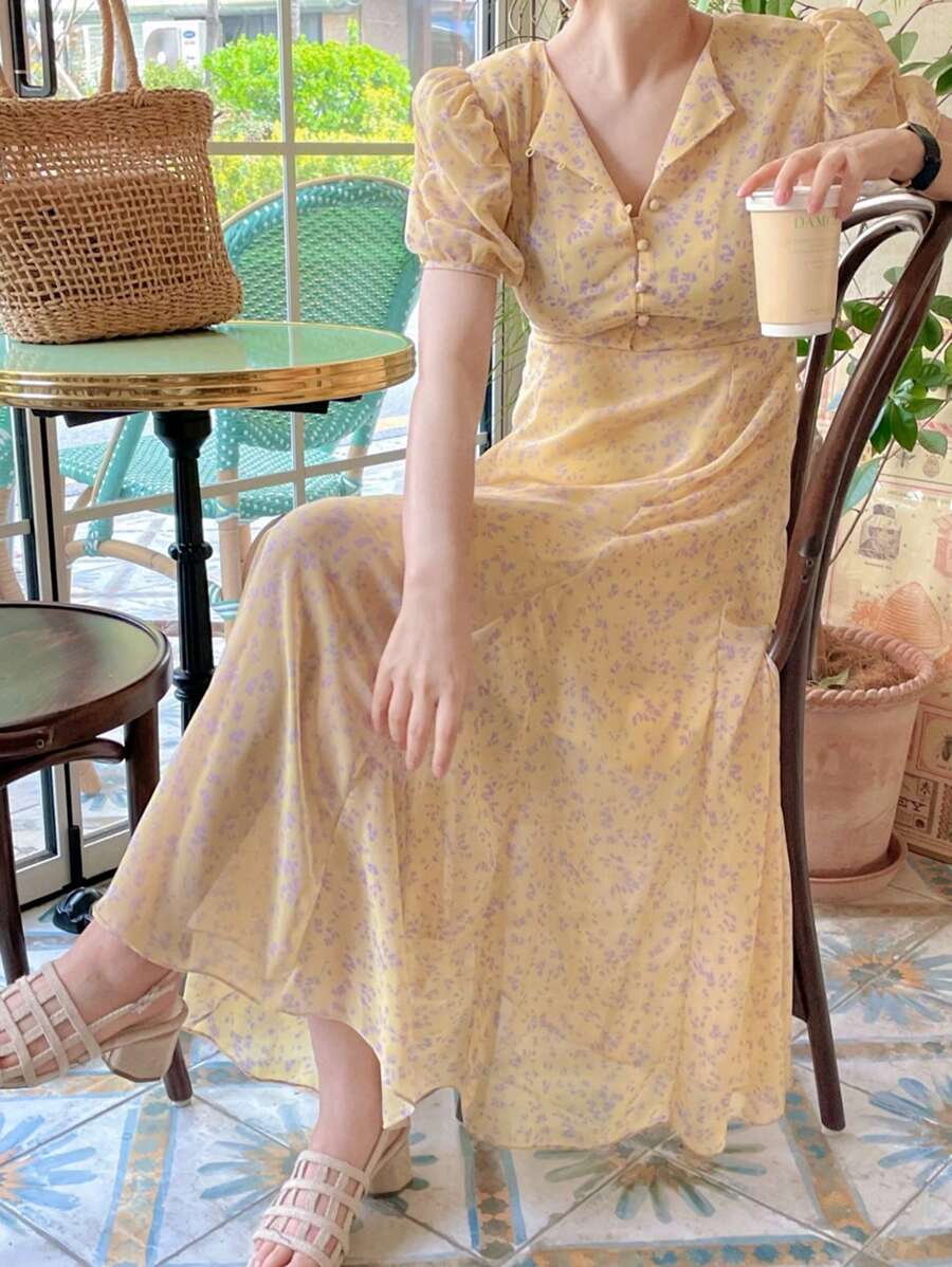DAZY Women's Ditsy Floral Ruffled Puff Sleeve Button Casual Dress Sundress - Yellow - View 1
