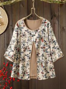 Lacomfia Casual Floral Print Long Sleeve Loose Fit Regular Size Blouse, Suitable For Spring/Summer, Plus Size
