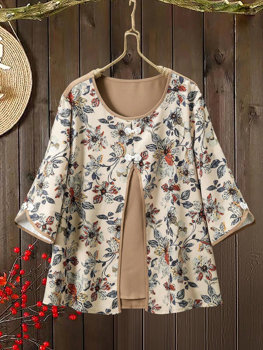 Lacomfia Casual Floral Print Long Sleeve Loose Fit Regular Size Blouse, Suitable For Spring/Summer, Plus Size