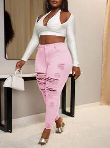 SHEIN SXY Plus Size Ripped Pink Skinny Jeans - Pink - View 4