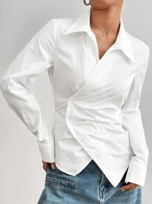 SHEIN Unity Women's Casual Versatile Criss-Cross Wrapped Tie-Up Collar Waist Slimming Long Sleeve Shirt Fall Cloth For Women - White - View 5