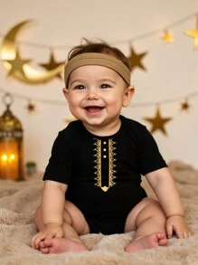 SHEIN Newborn Baby Boys Girls Black  Neck Short Sleeve Bodysuit, Casual Versatile Style Suitable For Spring, Autumn, Or Summer Daily Wear, Outdoor Activities