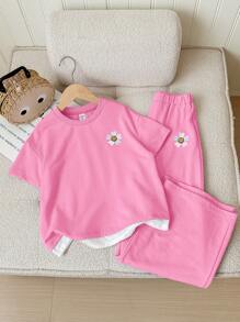 SHEIN Tween 女童休闲针织圆领短袖上衣和直腿裤套装 - 西瓜粉 - 查看 4