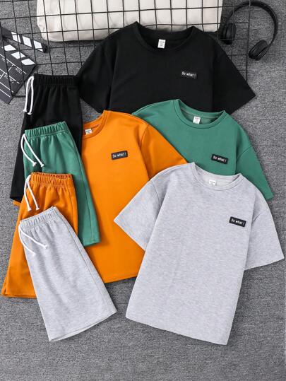 SHEIN Leap Crew 8 件/套青少年男孩休闲校园风格舒适时尚简约实用百搭柔软字母刺绣短袖圆领 T 恤和松紧腰短裤套装，适合秋季、春季、夏季、日常生活、户外、学校、街头、派对、家居