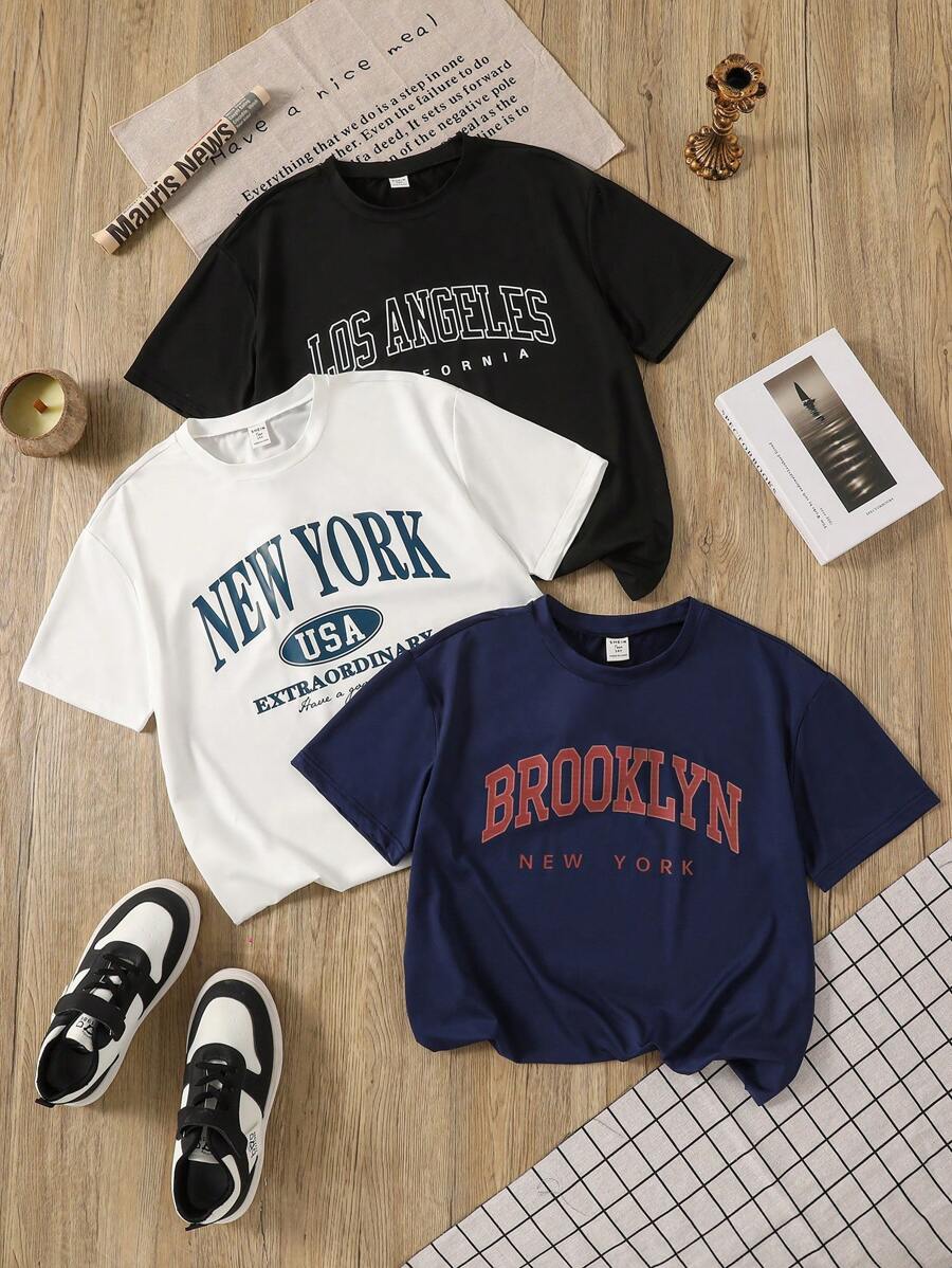 SHEIN 3 Pcs Multi-Color Urban Graphic Printed Casual Sports T-Shirts For Teenage Boys - Multicolor - View 1