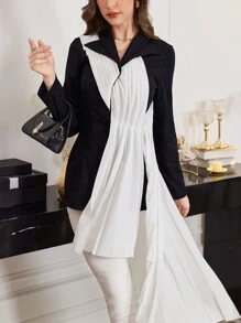 Modelyn 女式不对称褶皱拼布设计西装外套，适合春秋季节 - 黑色 - 查看 3