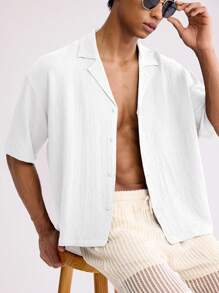 Forever 21 Áo sơ mi nam cắt gấu vuông rộng thùng thình seersucker màu xanh lá cây - trắng - Xem 2