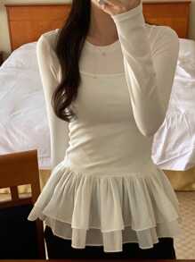 DAZY 2pcs Women's Solid Color Long Sleeve Base Layer T-Shirt & Chiffon Jumper Dress Set, White, Spring/Summer