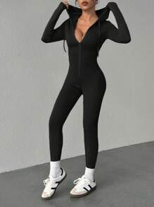 SHEIN Unity Women Solid Color Long Sleeve Slim Fit Front Zip Up Hooded Jumpsuit - Black - View 3