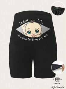 SHEIN Regulowane w pasie legginsy ciążowe, krótkie rajstopy z nadrukiem graficznym