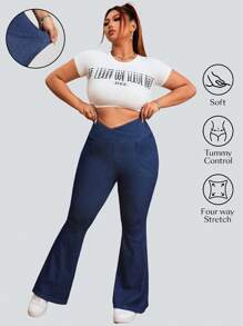 Flexra Plus Size Solid Color Stretchy Knit Pocket Skinny Flare Leg Jeans Apple Bottom Jeans - Blue - View 1