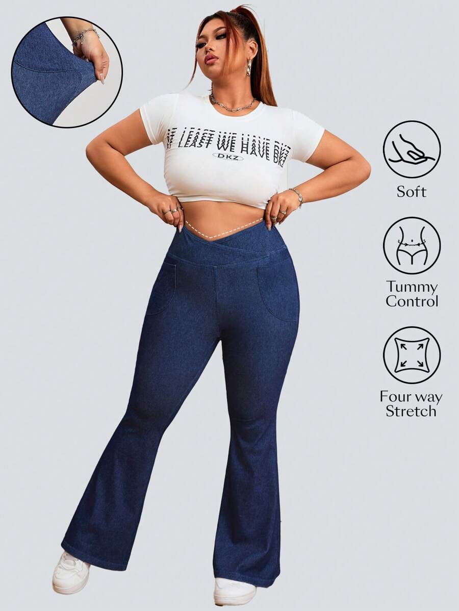 Flexra Plus Size Solid Color Stretchy Knit Pocket Skinny Flare Leg Jeans Apple Bottom Jeans - Blue - View 1