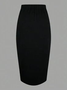 SHEIN Clasi Plus Size Elegant Contrast Color Splicing Slit Skirt, Office/Commute