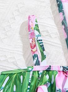 青少年女孩夏季海滩花卉印花荷叶边比基尼泳装搭配印花网眼罩裙 - 彩色 - 查看 3