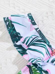 青少年女孩夏季海滩花卉印花荷叶边比基尼泳装搭配印花网眼罩裙 - 彩色 - 查看 4