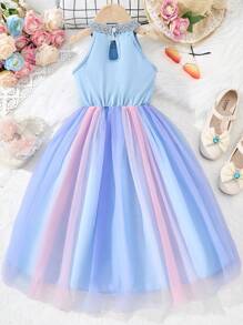 Tween Girls Rainbow Halter Dress, Princess Light Formal Dress For Summer - Baby Blue - View 2