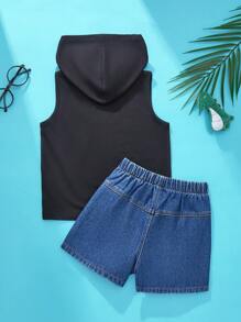 SHEIN 2 stuks jongens Street Fashion Casual Everyday All-Match schattige dinosaurus spelende gitaar print T-shirt & jeans set, geschikt voor buitenactiviteiten en muziekfestivals, lente/zomer