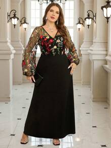 Gownix Spring Women Embroidered Mesh Patchwork Long Black Fishtail Dress, Elegant, Party And Daily Wear, Plus Size Dresses Elegant Dresses Romantic Dresses Women Summer Dresses Women Summer Dresses Elegant Women Dresses Women Spring Dresses