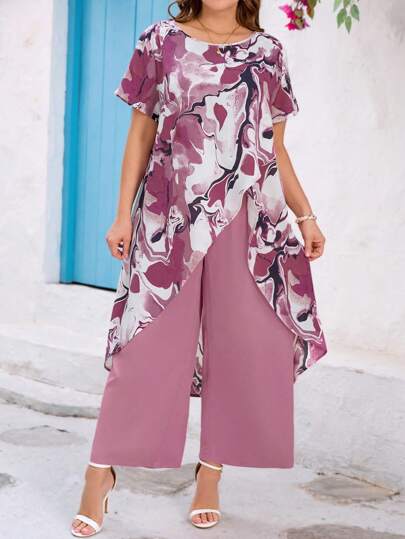 SHEIN Clasi Set de 2 piezas con pantalón largo y top con diseño floral rosa de corte corto delante y largo atrás, talla grande, elegante conjunto romántico diario para primavera