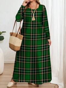 EMERY ROSE Plus Size Green Plaid Pattern Print Long Sleeve Round Neck Dress, Suitable For Spring - Multicolor - View 5