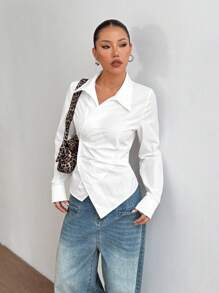 SHEIN Unity Women's Casual Versatile Criss-Cross Wrapped Tie-Up Collar Waist Slimming Long Sleeve Shirt Fall Cloth For Women - White - View 6