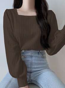 DAZY Women's Solid Color Square Neck Fitted Lantern Sleeve Long Sleeve T-Shirt, Spring/Summer/Autumn