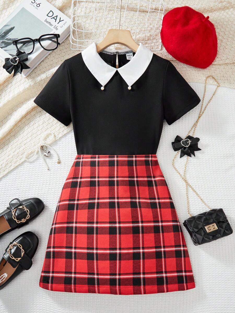 Tween Girl Casual Colorblock Collar Top And Plaid Skirt 2 Pieces Set - Black - View 1