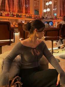 INAWLY 1件露肩系带开衩袖口长袖修身针织衫，女士针织套头衫，秋冬毛衣 - 深灰色 - 查看 4