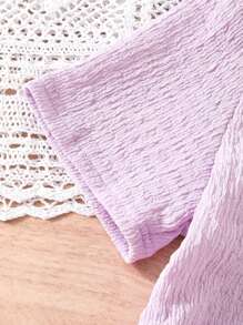 Mother-Daughter Matching, Tween Girl Textured Knit Oblique Shoulder Short Sleeve T-Shirt, Sweet & Fashionable, Spring/Summer - Purple - View 3