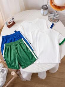 2 Pieces Set For Young Boys, Casual & Cute Sporty Street Fashion Style, Dopamine Colorblock Design Loose Fit Crew Neck T-Shirt And Shorts, Buy One Get One Free, Suitable For Spring, Summer, Autumn & Winter, Home, Outdoor, School, Sports - Multicolor - View 3