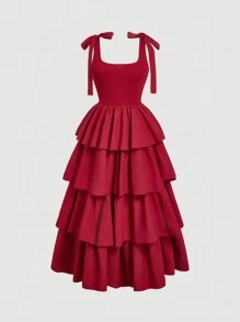 SHEIN MOD Vestido romántico de talla grande rojo vintage con múltiples capas de volantes y lazos en los hombros - Rojo - Ver 1